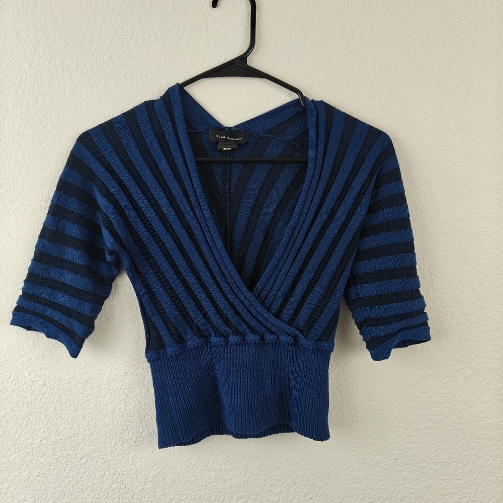 Club Monaco Yakini Knit Cropped Deep V Neck Sweater In Navy/Black Size XS/TP